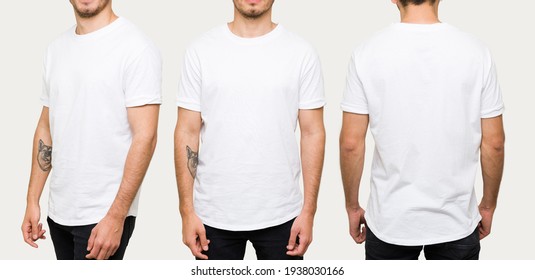 Un guapo joven con una camiseta blanca casual. Vista lateral, detrás y delante de una camiseta de imitación para la impresión de diseño 