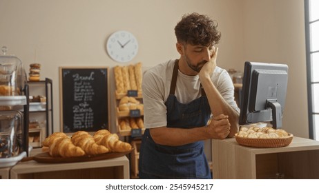 Handsome young man working in a bakery shop looking thoughtful with fresh pastries on display and a chalkboard menu in the background - Powered by Shutterstock