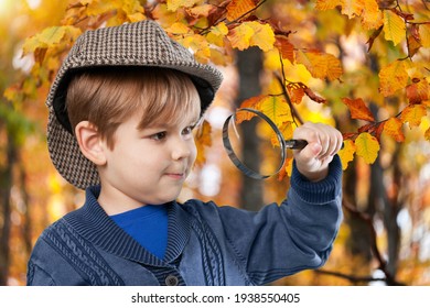 Handsome Young Naturalist Scientist Child Explores Plant Life With Magnifying Glass.