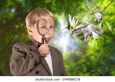 Handsome Young Naturalist Scientist Child Explores Plant Life With Magnifying Glass.