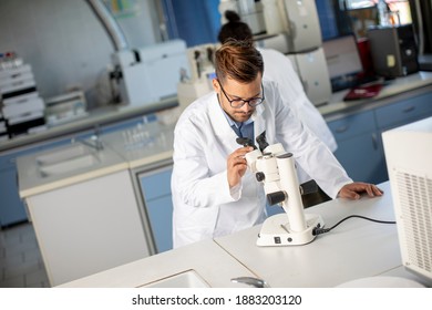 Handsome Young Scientist In White Lab Coat Working With Binocular Microscope In The Material Science Lab