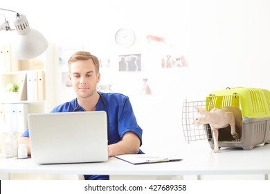Handsome Young Veterinarian Using Computer In Clinic