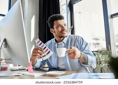 Handsomeness radiates as a man sips coffee and chooses color palettes in a stylish workspace. - Powered by Shutterstock