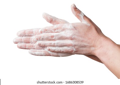 Handwashing Concept: Woman Wash Her Hands Using The Palm To Palm Technique. Isolated On White Background.