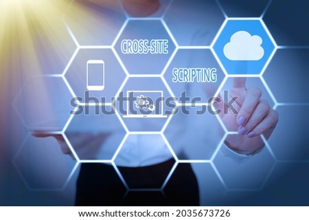 Handwriting text Cross Site Scripting. Conceptual photo Security vulnerability mainly found in web application Lady Holding Tablet Pressing On Virtual Button Showing Futuristic Tech.