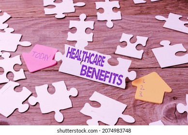 Handwriting Text Healthcare Benefits. Word For Monthly Fair Market Valueprovided To Employee Dependents Building An Unfinished White Jigsaw Pattern Puzzle With Missing Last Piece