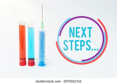 Handwriting Text Next Steps. Concept Meaning Something You Do After You Have Finished Doing First One Laboratory Testing And Analyzing Substance New Medical Research