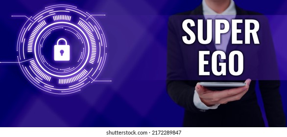 Handwriting text Super Ego. Business showcase The I or self of any person that is empowering his whole soul Businessman in suit holding notepad symbolizing successful teamwork.