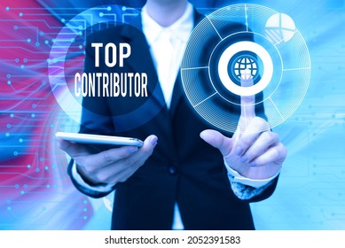 Handwriting text Top Contributor. Internet Concept person who is knowledgeable in a particular category Lady In Uniform Holding Phone Pressing Virtual Button Futuristic Technology.