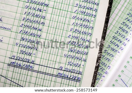 Handwritten accounting on the open pages of some old ledgers