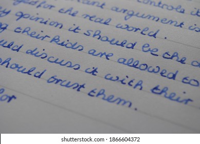 Handwritten Essay In Blue Ink On Lined Paper