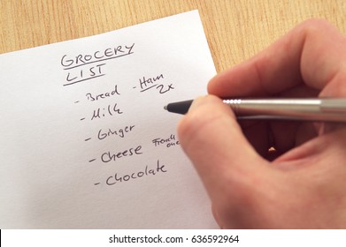 Handwritten Grocery List On White Note Paper Hand With Pen, Like A Todo Or Check List