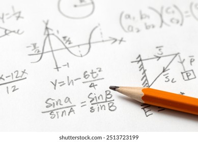 Handwritten mathematical equations, a sine wave graph, geometric shapes, and a right triangle diagram on white paper with a yellow pencil. - Powered by Shutterstock