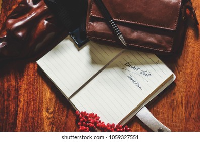 Handwritten Note In Journal Flat Lay Of Vintage Wood Desk With Notebook And Pen With Words 