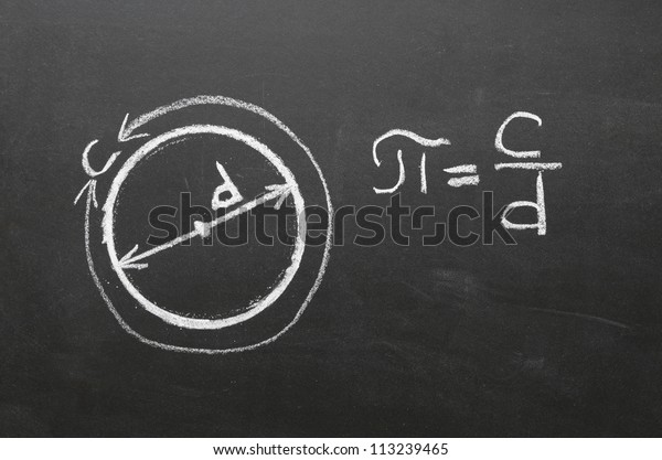 Handwritten on school blackboard definition of\
main mathematical constant the number PI. It is the circumference\
of any circle, divided by its\
diameter.
