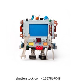 Handyman Roboter-Computer mit handgeschnitzten Zangen auf weißem Hintergrund. leerer blauer Bildschirm