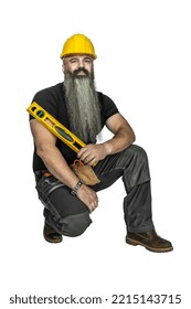 Handyman With Spirit Level Isolated On White