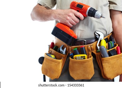 Handyman with a tool belt. Isolated on white background.