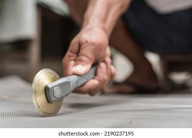 A Handyman Uses A Diamond Spline Roller To Press A Screen Mesh Into The Frame Edges. Window Screen Installation.