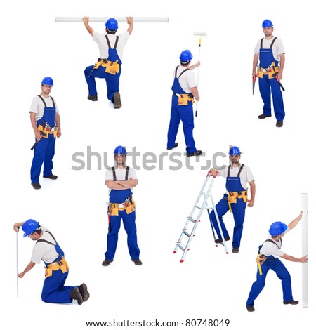 Similar – Image, Stock Photo handyman hammering the brick on the wall to attach it