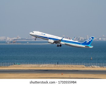 Haneda Airport, Tokyo / Japan - Mar 2, 2019: All Nippon Airways (ANA) Airbus A321 at Tokyo International Airport