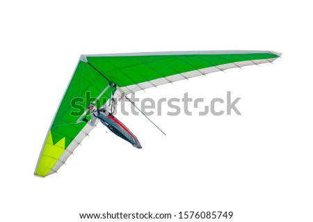 Hang glider wing with green sail isolated on white. Extreme sport template