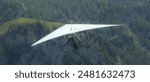 Hang gliding above mountain valley near Jenner mount and Konigssee lake in Berchtesgaden National Park, Germany, Europe. Beauty of nature concept background.