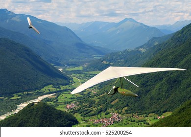 Hang Gliding In Slovenia, Slovenian Open Championship 2009 (Kobala Open). Two Gliders And Beautiful Mountains.