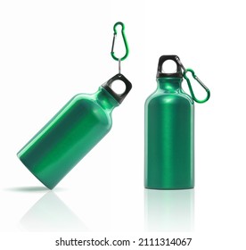 Hanged green color sport water bottle isolated on white background