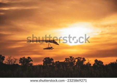 Hangglider silhouette at the sunset. Hang glider flies low over trees