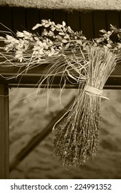 Hanging Bouquet Of Dry Lavender. Rustic Decoration Of Old Farm House In Provence (France). Aged Photo. Sepia.