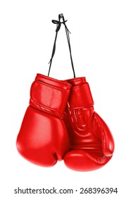 Hanging boxing gloves isolated on white background - Shutterstock ID 268396394