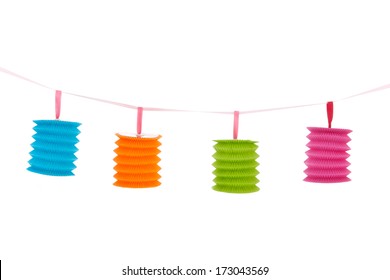 Hanging Chain With Colorful Paper Chinese Lanterns Isolated Over White Background