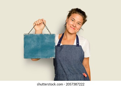 Hanging Chalkboard Sign For Cafe Held By A Woman Small Business Owner