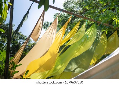 Hanging Colorful Fabric Decorated In The Garden, Stock Photo