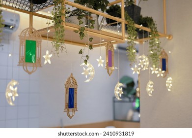 hanging crescent moon ornamental decoration for crescent moon decoration with soft white cotton and small blinking lamps for special holiday seasonal ramadan or valentine day decoration
