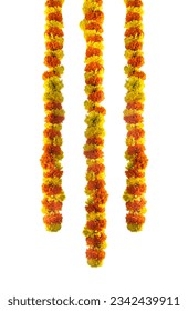 Hanging flower decoration border design, Onam and Diwali concept image, Flower border isolated on white background