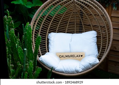 Hanging garden chair  with cactuses and a sign that say "calm and relax"