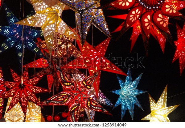 Hanging Illuminated Star Decorations Ceiling Holiday Stock