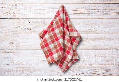 Hanging Kitchen Towels, Napkin On Wooden Desk. Front View