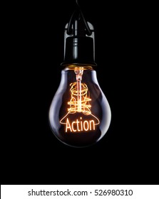 Hanging Lightbulb With Glowing Action Concept.