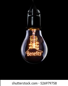 Hanging Lightbulb With Glowing Benefits Concept.