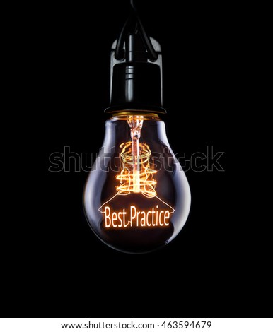 Hanging lightbulb with glowing Best Practice concept.