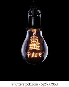 Hanging lightbulb with glowing Future concept.