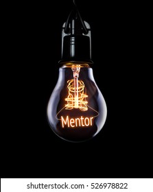 Hanging Lightbulb With Glowing Mentor Concept.