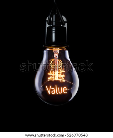 Hanging lightbulb with glowing Value concept.