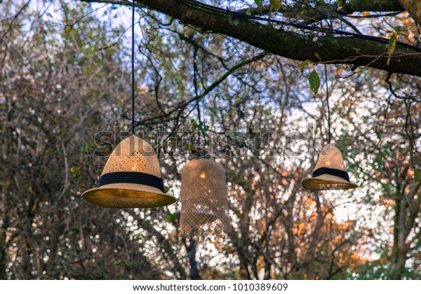 Hanging Lights Decorated Straw Hats Stock Photo Edit Now 1010389609