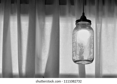 Hanging Mason Jar Lamp With Curtains