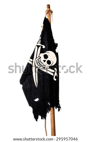 Hanging no wind pirate flag on the mast. Isolated on white
