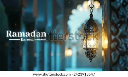 Hanging Ornamental Arabic lantern glowing Ramadan Kareem concept